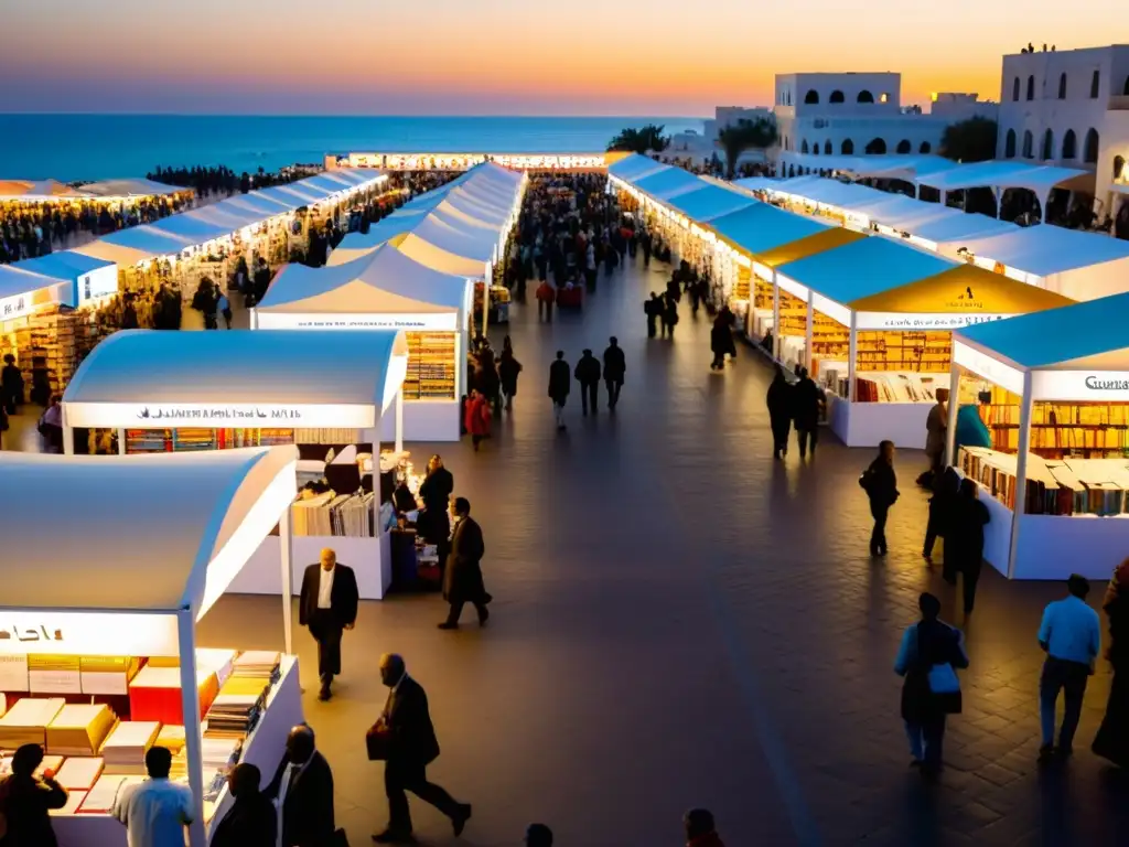 Vibrante Feria Internacional del Libro en Trípoli, con diversidad cultural y técnicas literarias en los puestos de libros al atardecer