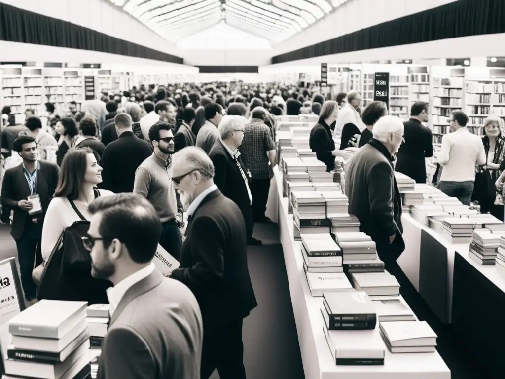 Vibrante Feria del Libro de Frankfurt, con gente explorando libros y conversando con autores y editores en un animado ambiente en blanco y negro