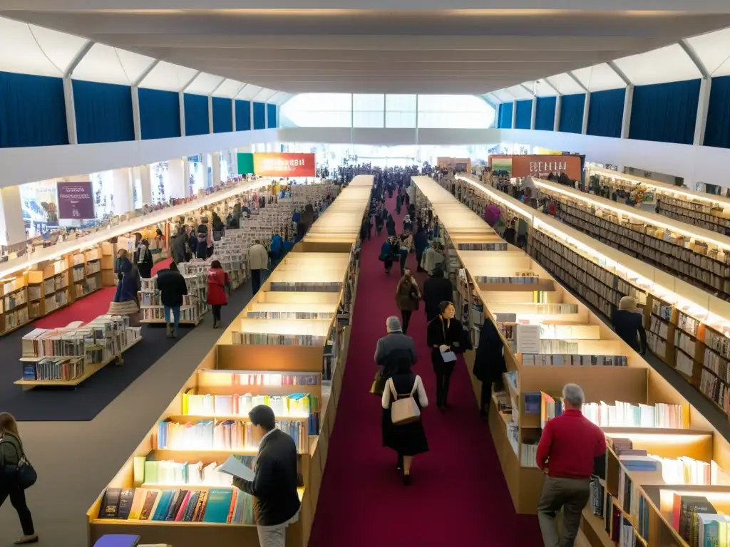 Vibrante feria del libro con oportunidades para escritores, coloridos stands, libros y una atmósfera cálida