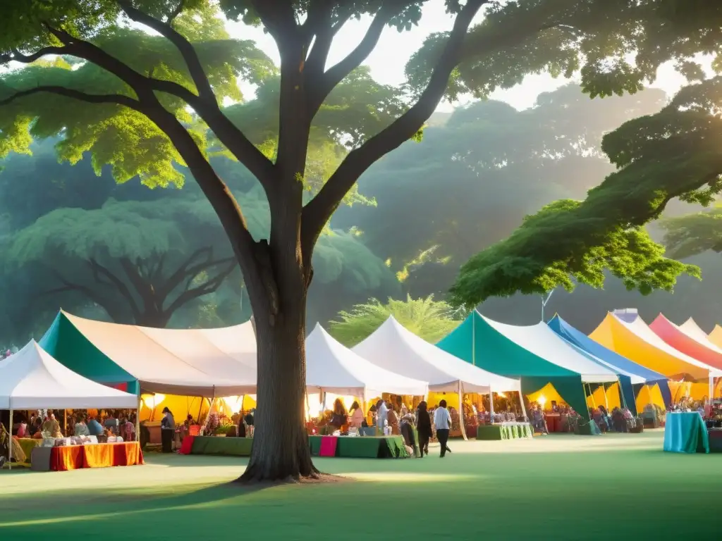 Vibrante festival literario internacional con autores, asistentes y puestos de libros en un entorno natural exuberante y colorido al atardecer