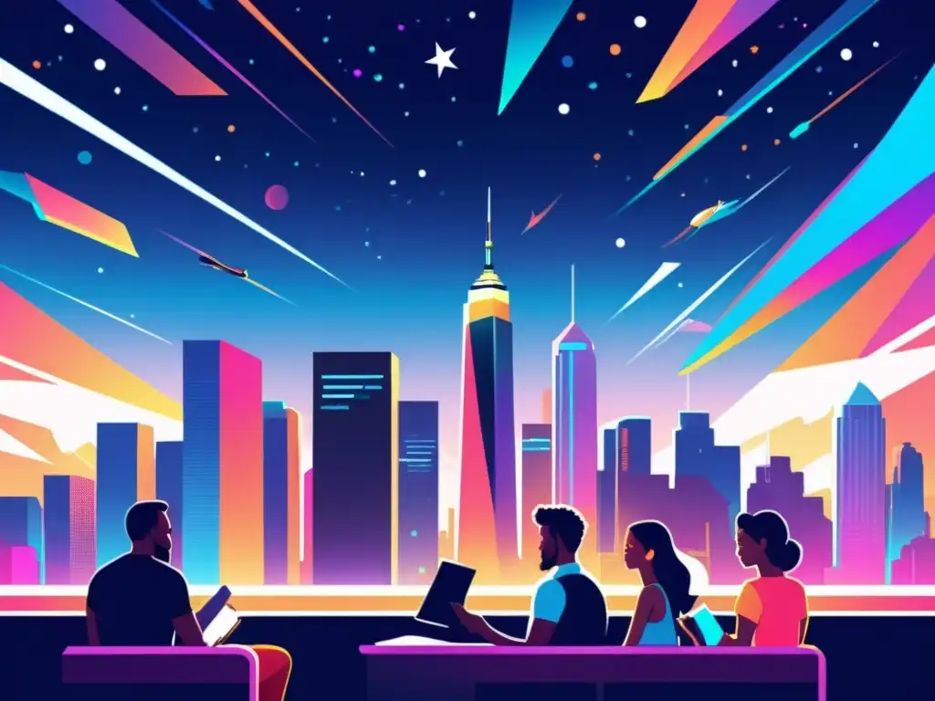 Futurista festival literario: Ciudad vibrante y lectores entusiastas Vibrante ilustración de una futurista ciudad, con edificios angulares, luces de neón y lectores entusiastas reunidos frente a una moderna biblioteca, evocando el espíritu del Festival Celsius 232 Avilés enseñanzas