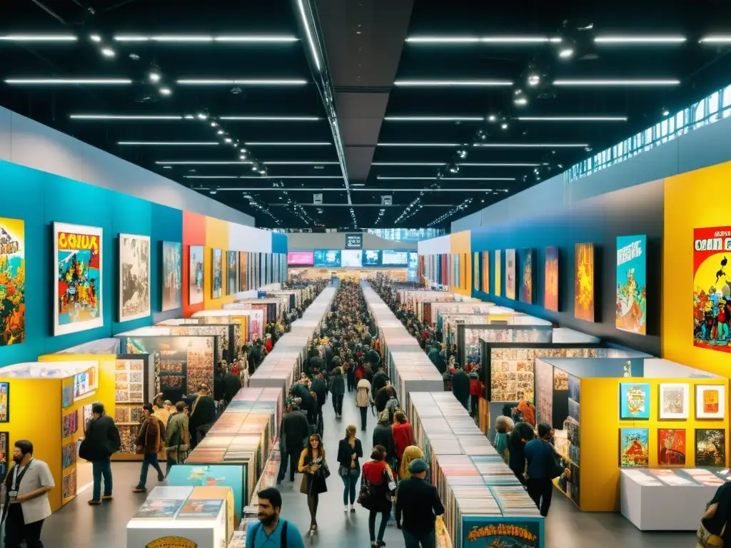 Una vibrante imagen en 8k del Salón Internacional del Cómic de Barcelona, donde entusiastas exploran coloridos stands de novelas gráficas y arte