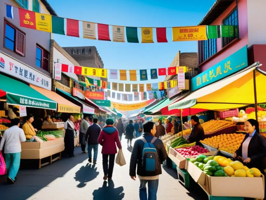 Vibrante mercado callejero con diversidad lingüística y social en una comunidad multicultural