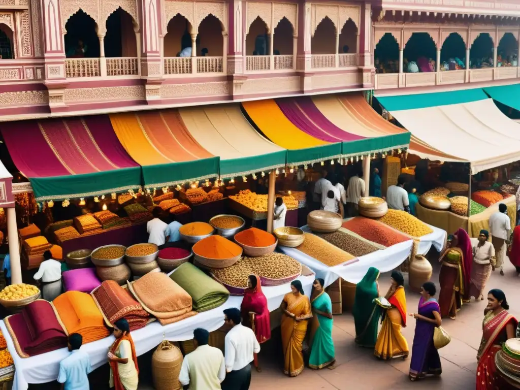 Vibrante mercado colonial de la India, como en obras de Kipling, con saris y diseños de henna