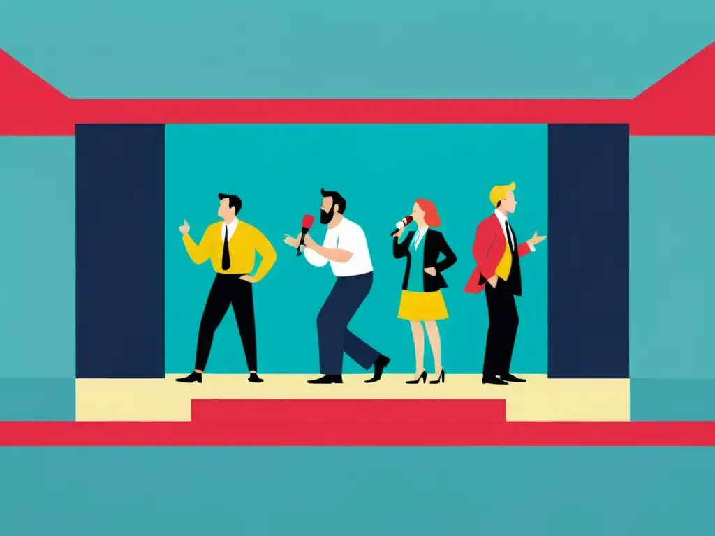 Una ilustración vibrante y minimalista de un escenario con personajes cómicos en poses exageradas, destacados en un fondo audaz