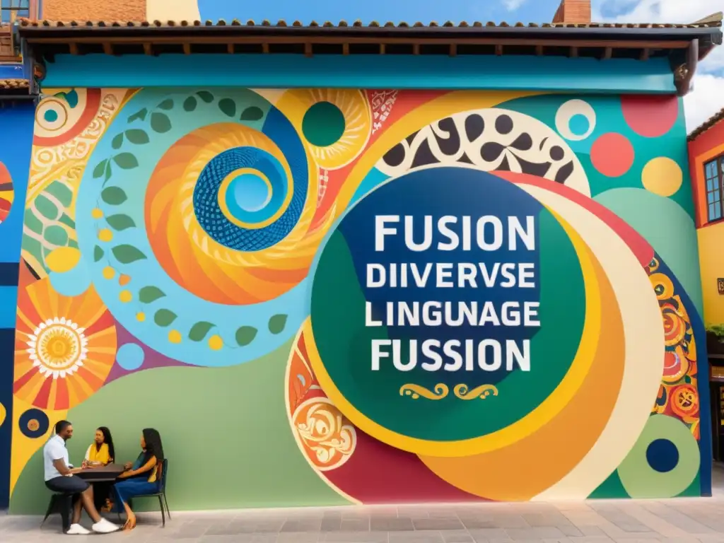 Un vibrante mural muestra la fusión de lenguajes en pidgins, atrayendo a personas de diversas culturas en una bulliciosa plaza