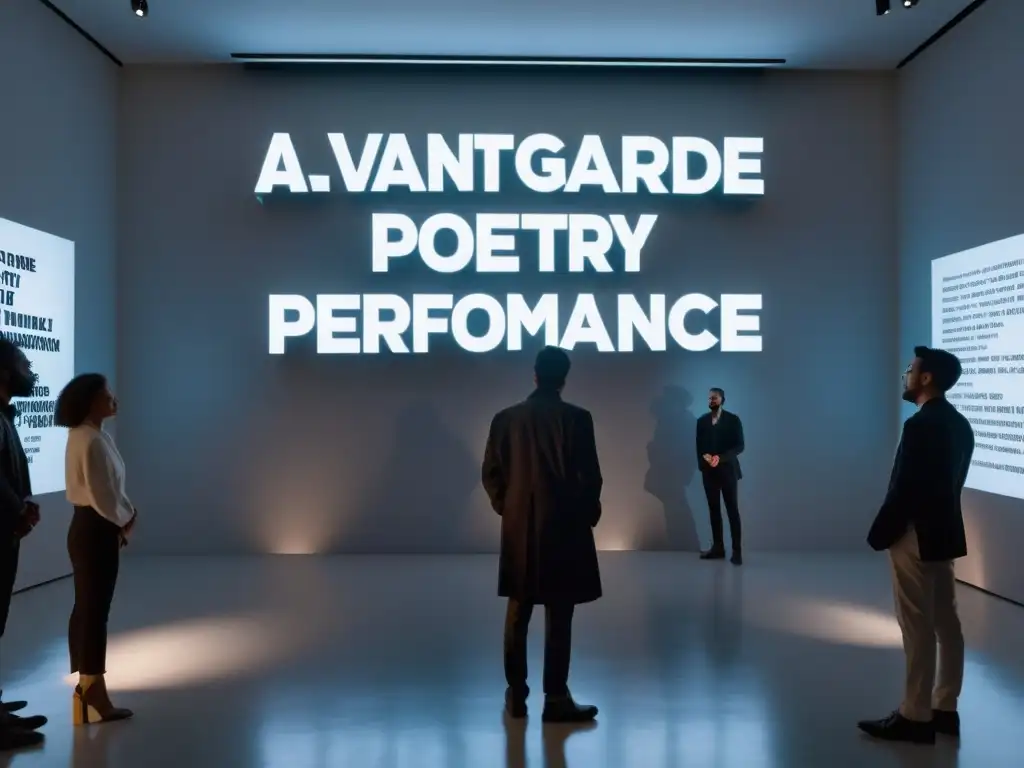 Performance de Poesía Avantgarde en Galería de Arte Contemporáneo Vibrante performance de poesía experimental contemporánea en galería de arte, con proyecciones tipográficas e interacción del público