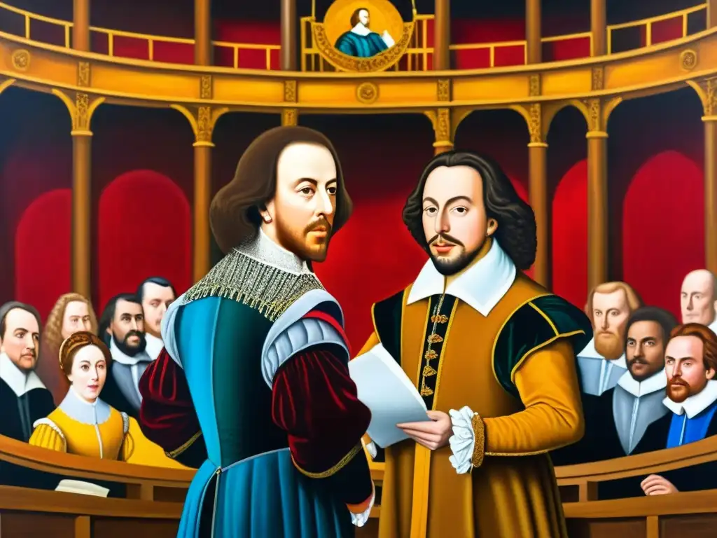 Vibrante pintura al óleo de la rivalidad literaria entre Shakespeare y Marlowe en el Globe Theatre, con expresiones intensas y una atmósfera dramática