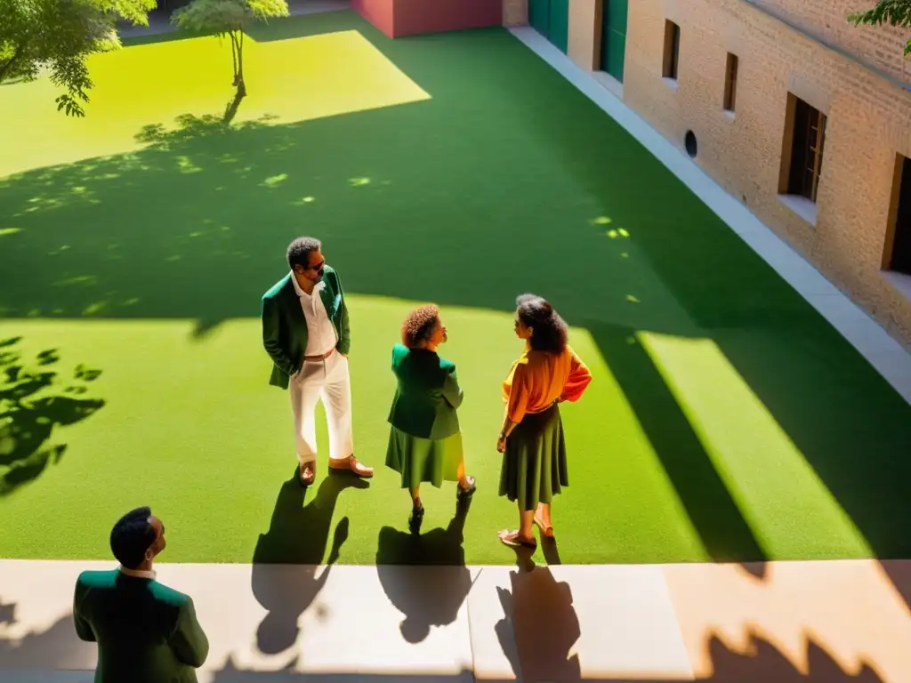 Una vibrante reunión en un patio lleno de vida, reflejando la diversidad y dinamismo del Festival de la Palabra Puerto Rico