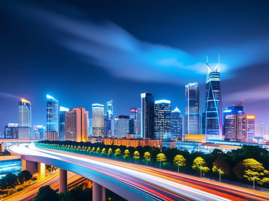 Vibrante skyline nocturno de una ciudad moderna, con luces de neón y tráfico