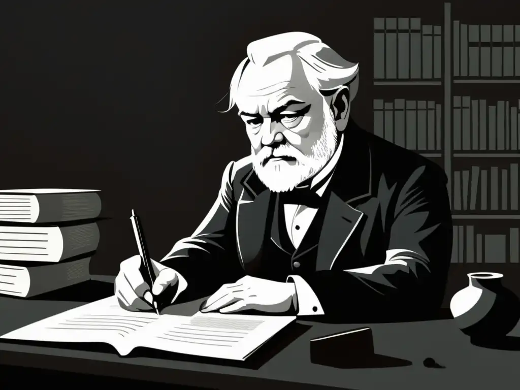 Victor Hugo inmerso en la escritura de 'Los Miserables', reflejando el realismo social literario con intensidad y drama en blanco y negro