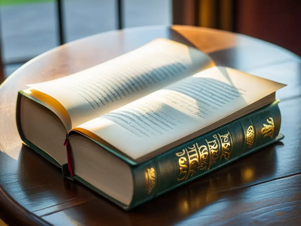 Viejo libro de Shakespeare abierto en mesa de madera, iluminado por luz suave