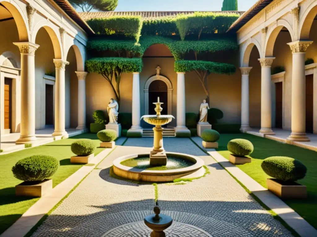 Courtyard de villa romana con estatuas de mármol, vegetación exuberante y fuente serena