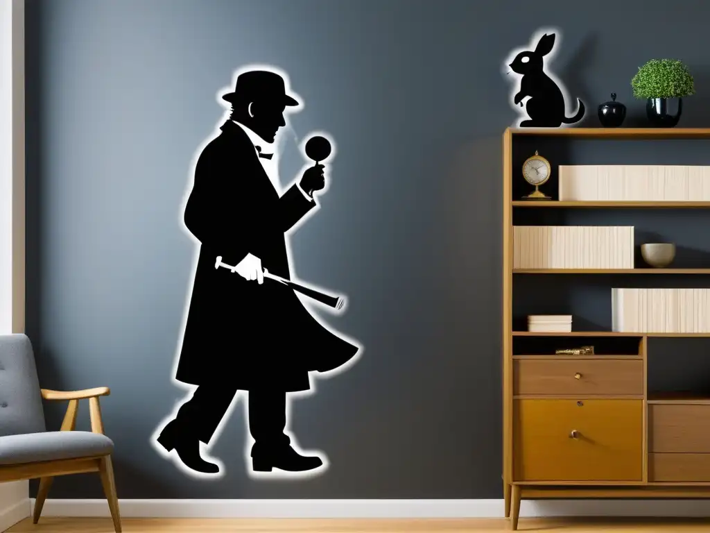 Vinilos murales temáticos literarios en blanco y negro de alta resolución, con escenas icónicas de Sherlock Holmes, el Conejo Blanco de 'Alicia en el País de las Maravillas' y una figura inquietante de 'Frankenstein', entrelazadas de forma impactante y evocadora