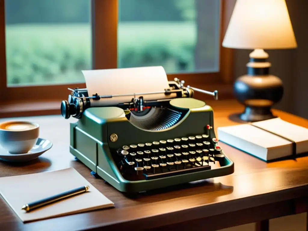 Una vintage máquina de escribir en un escritorio de madera con café, gafas y libros antiguos