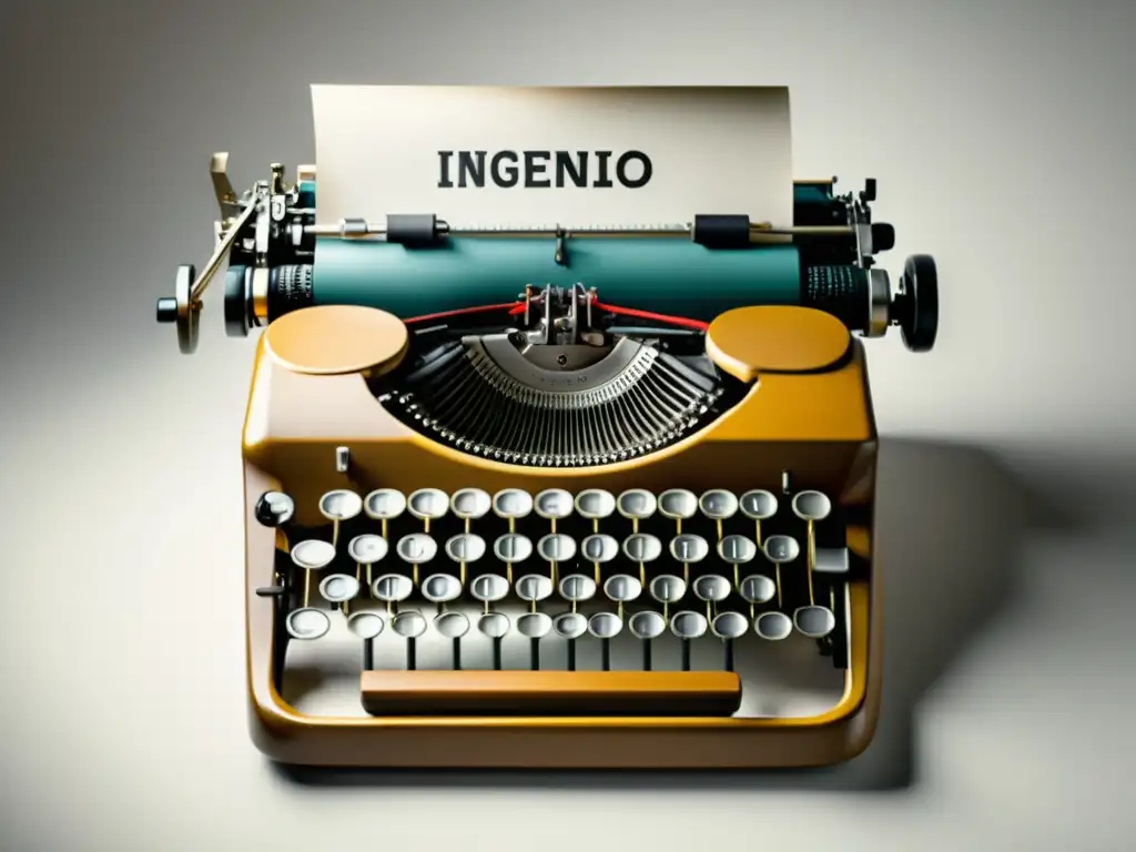 Una vintage máquina de escribir con las teclas formando 'construcción del ingenio literario', en un fondo blanco iluminado y detallado