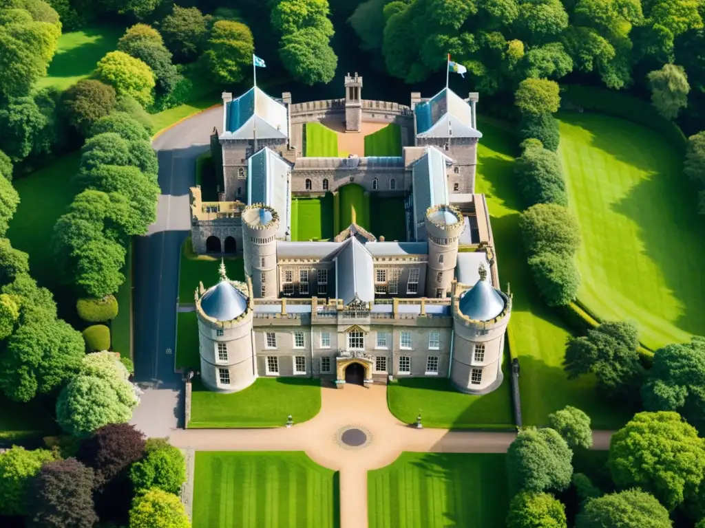 Vista aérea del icónico Castillo de Dublín, con detalles arquitectónicos nítidos y paisaje verde