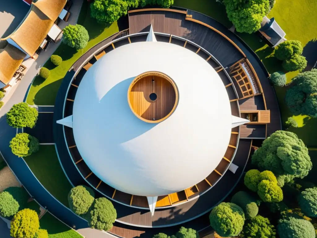 Vista aérea del icónico teatro Globe, con su estructura de madera en forma de 'O', resaltando su techo de paja y arquitectura abierta