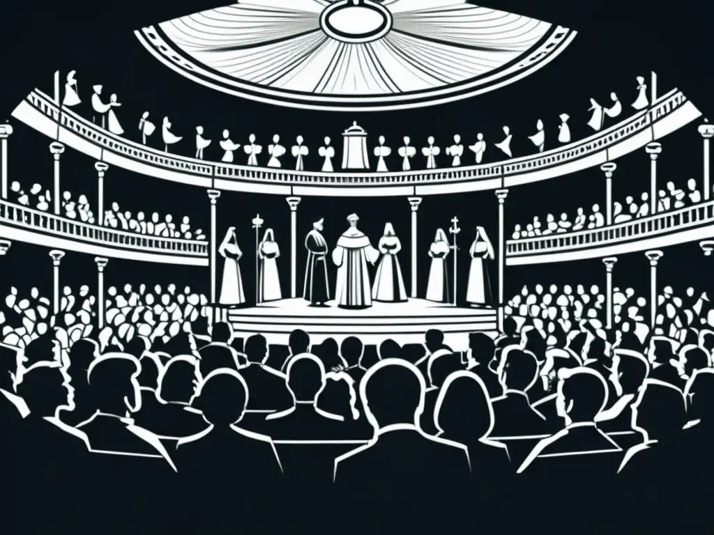 Vista aérea de teatro renacentista lleno de gente, con tensiones religiosas y dramáticas actuaciones en blanco y negro