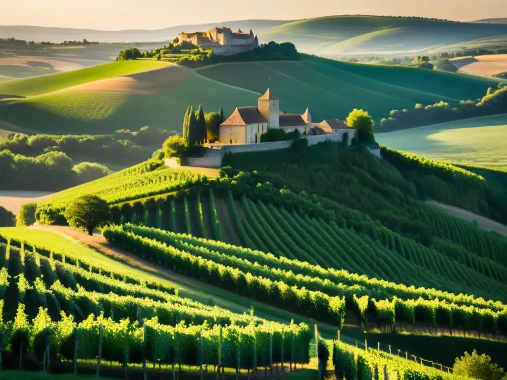 Vista de Aquitania, con viñedos, un castillo medieval y paisaje dorado al atardecer