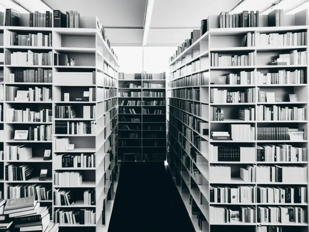 Vista en blanco y negro de una abarrotada feria del libro, con estantes ordenados y personas explorando la literatura