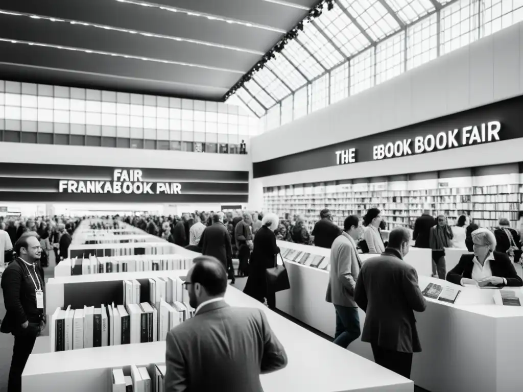 Vista en blanco y negro de la animada Feria del Libro de Frankfurt, con puestos ordenados y personas conversando, enmarcada por la icónica arquitectura moderna del recinto ferial