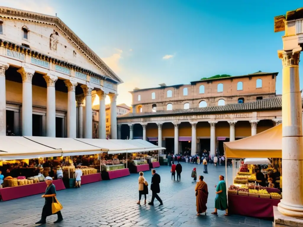 Vista de un bullicioso mercado romano antiguo, con ciudadanos de todas las clases sociales interactuando y llevando a cabo sus actividades diarias