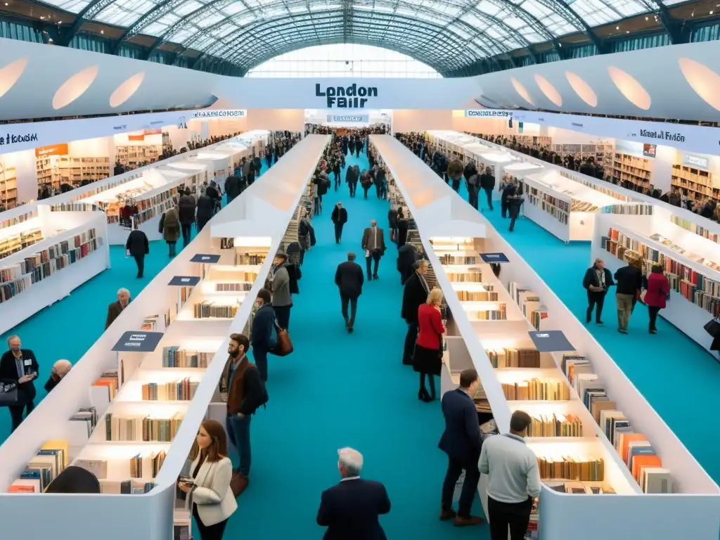 Vista cálida y vibrante de la London Book Fair, con visitantes explorando curiosidades literarias en un ambiente organizado y acogedor