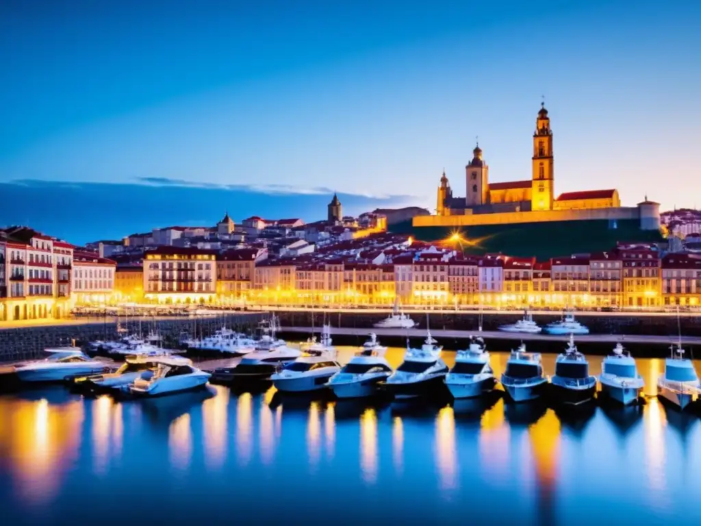 Atardecer mágico en el puerto de Gijón: un reflejo de serenidad y misterio Vista crepuscular del puerto de Gijón, con luces de la ciudad reflejadas en el agua tranquila