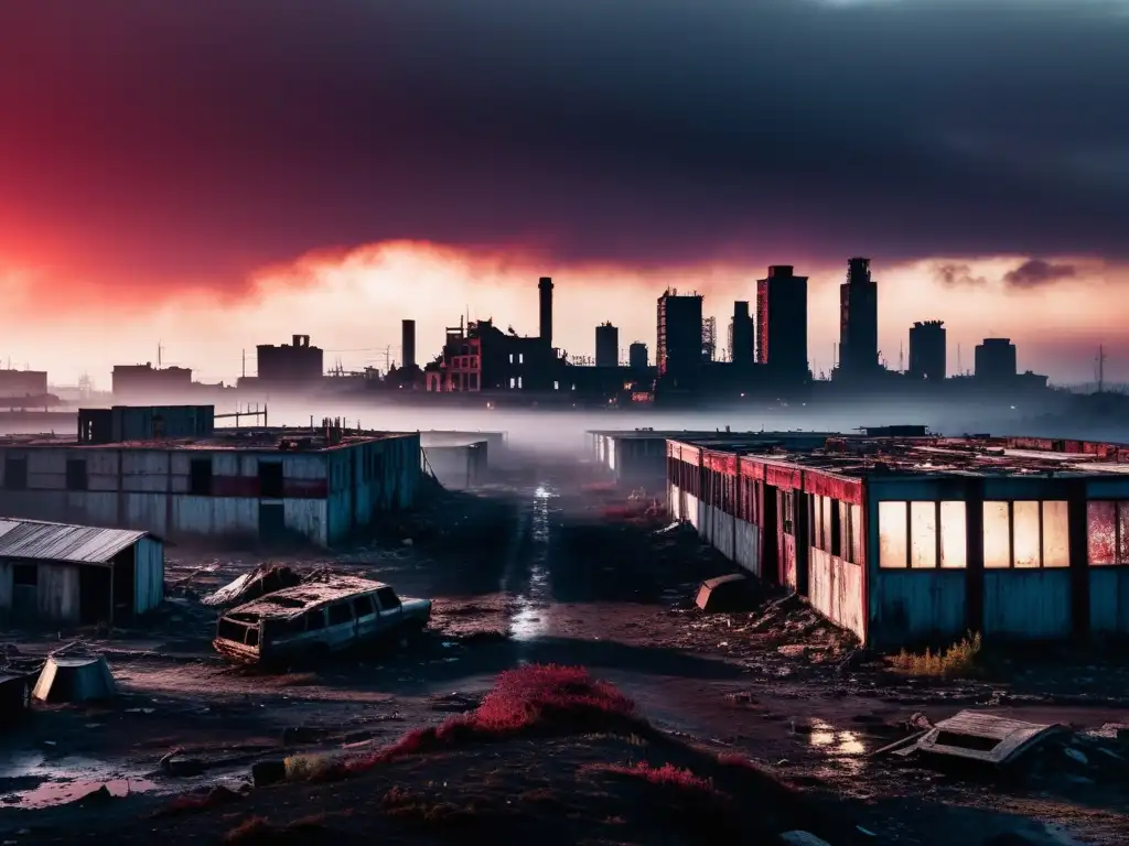 Vista desoladora de una ciudad postapocalíptica envuelta en neblina, con edificios en ruinas y un cielo carmesí, evocando la distopía en la literatura