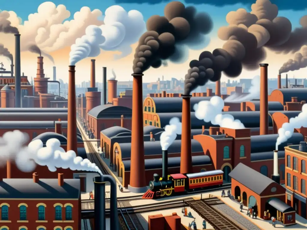 Vista detallada de una bulliciosa ciudad de la Revolución Industrial, con fábricas humeantes y trenes a vapor, capturando el impacto en la literatura