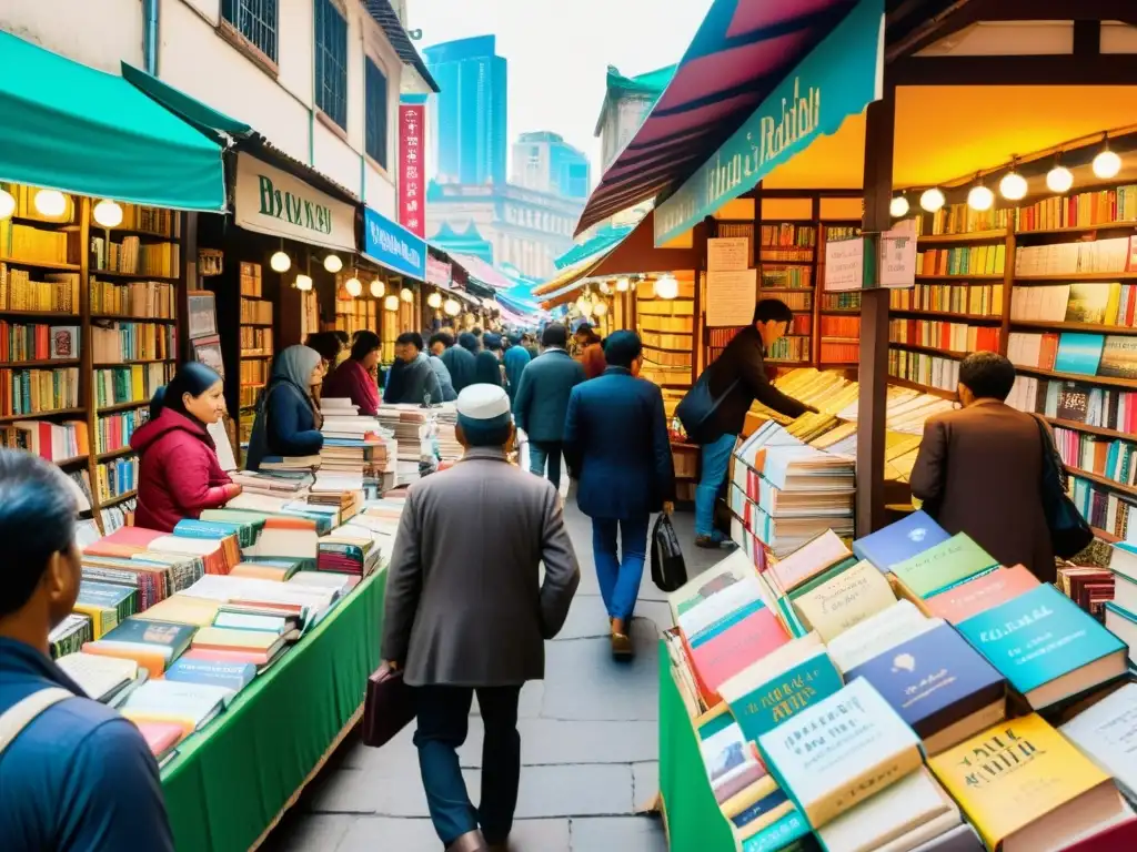 Vista detallada de un bullicioso mercado de libros