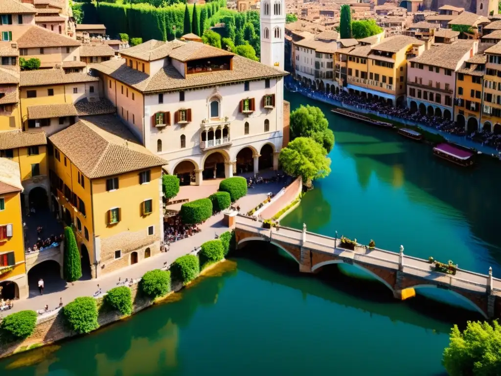 Una vista detallada de la ciudad de Verona, Italia, con el icónico balcón de Julieta, piazzas bulliciosas, edificios renacentistas y el río Adige