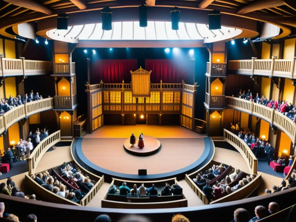 Vista detallada del escenario del Globe Theatre, con actividad vibrante y arquitectura shakespeariana, capturando la vida diaria en el teatro