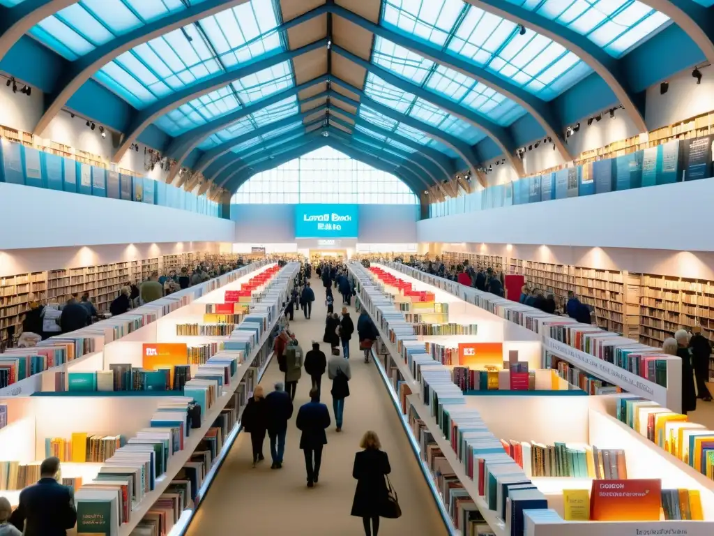 Una vista detallada de la London Book Fair con libros organizados y portadas vibrantes