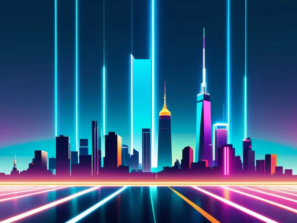 Torre central futurista: Integración tecnológica Vista futurista de la ciudad con narrativa transmedia, integrando tecnología y storytelling