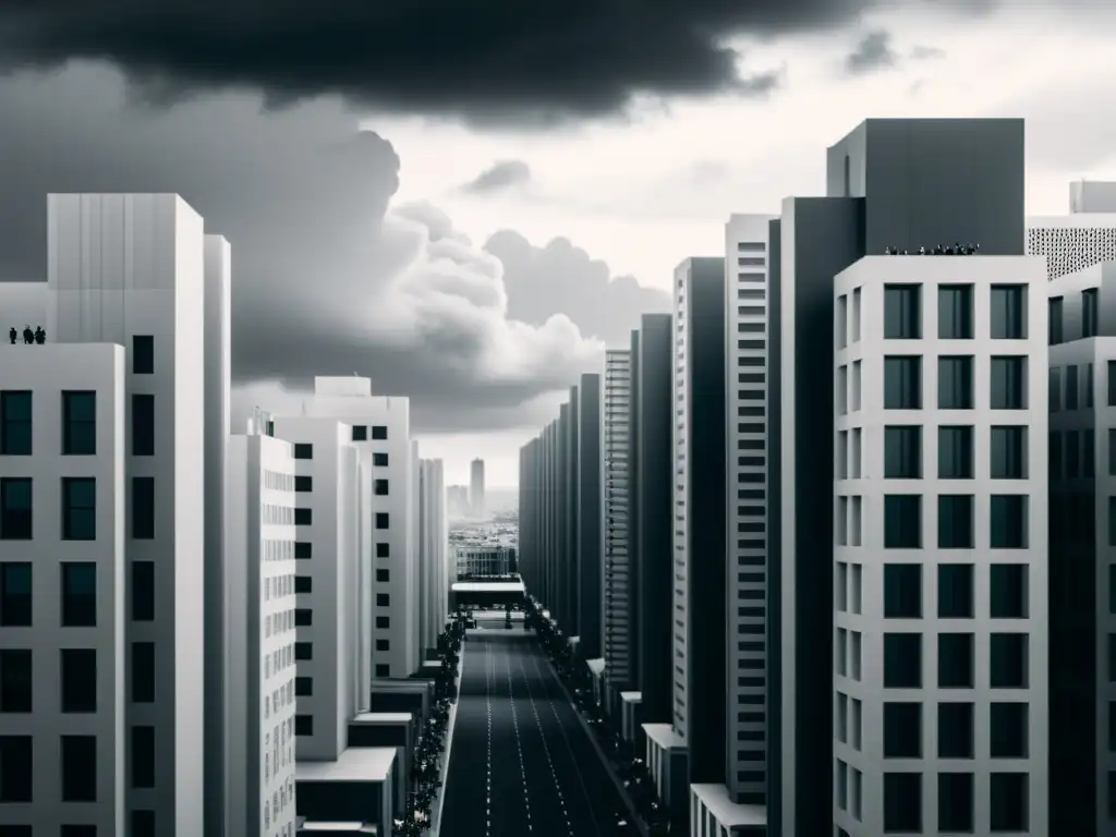 Monólogo interior: Ciudad grisácea y solitaria Vista grisácea de la ciudad con rascacielos, gente diminuta y cielo nublado, reflejando el tema de monólogo interior en Mrs