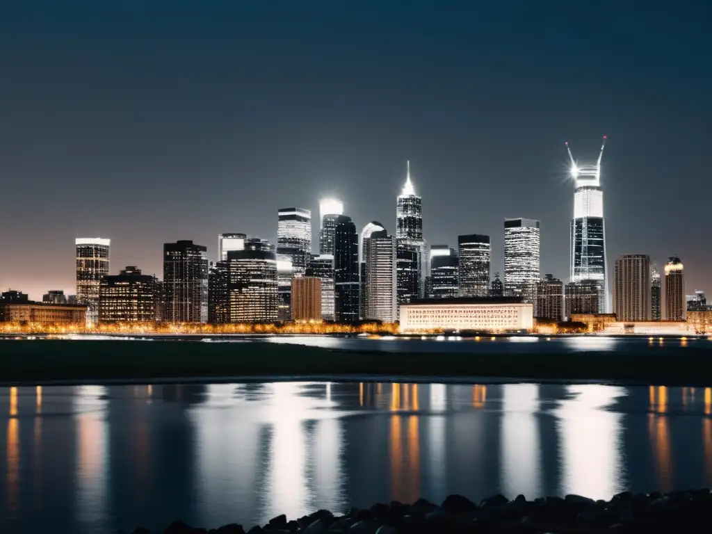 Vista minimalista en blanco y negro de la moderna línea del horizonte de la ciudad al atardecer, reflejando la vida urbana contemporánea