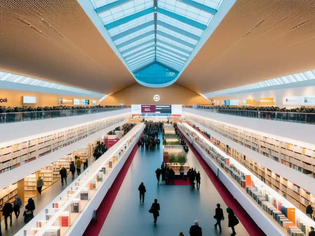 Vista minimalista de la bulliciosa Feria del Libro de Frankfurt con elegantes stands de libros, arquitectura moderna y entusiastas literarios