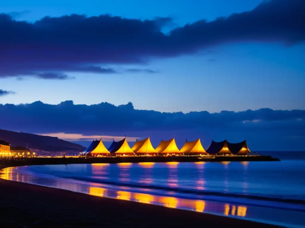 Anochecer mágico en Gijón: Semana Negra iluminada Vista nocturna de la costa de Gijón con las carpas de Semana Negra iluminadas, reflejando un ambiente vibrante y emocionante