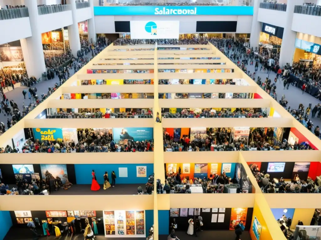 Vista panorámica del bullicioso Salón Internacional del Cómic de Barcelona, con cosplayers, artistas y un ambiente vibrante y colorido