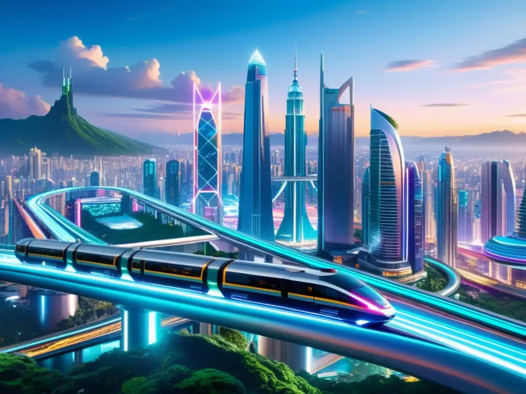 Vista panorámica de una ciudad futurista con rascacielos iluminados y tecnología avanzada, rodeada de naturaleza exuberante