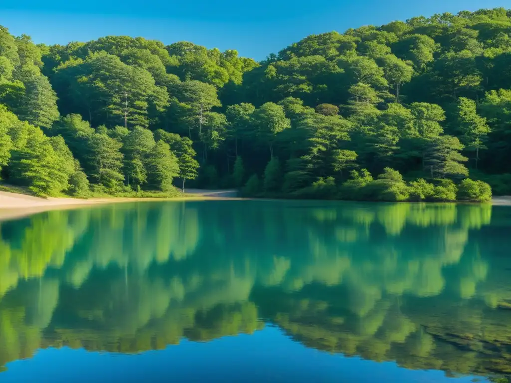 Vista serena del estanque de Walden, reflejando el cielo azul y rodeado de exuberante vegetación