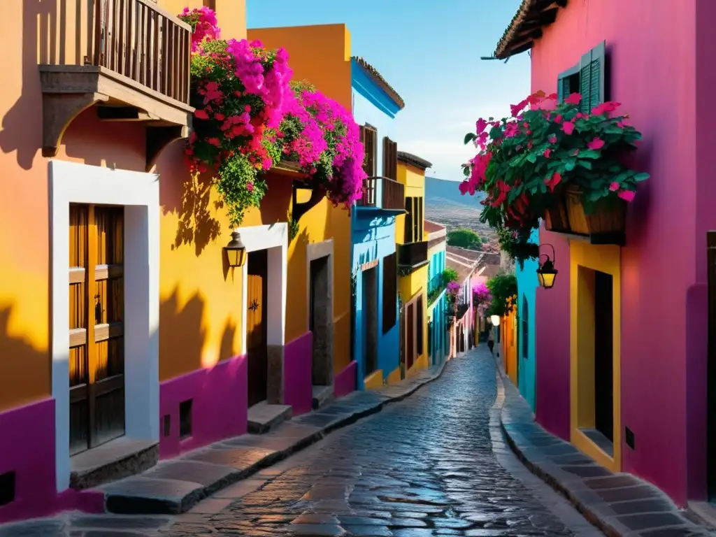 Vista tranquila de las calles empedradas de San Miguel de Allende, con edificios coloniales y flores de buganvilla